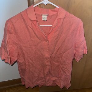 Eileen Fisher 100% Linen  Collar Button-Front Blouse Coral Peach Sz Small